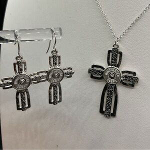 WINCHESTER 38 SPL SPECIAL GUN  BULLET CENTER CROSS WOMEN NECKLACE EARRING SET
